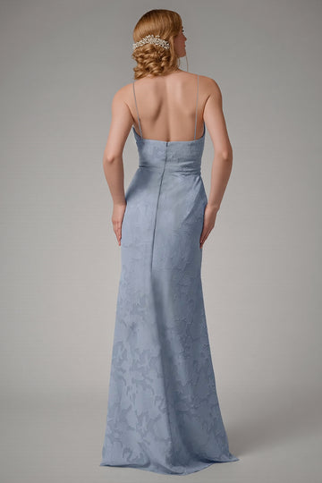 Dusty Blue Sheath Spaghetti Straps Bridesmaid Dress with Slit